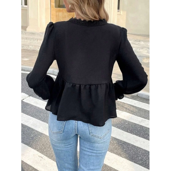 MDB Kadın Uzun Kollu V Dantel Yaka Aerobin Bluz