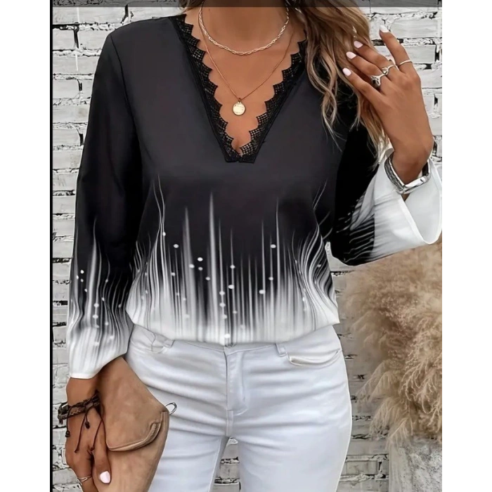 MDB Kadın Uzun Kollu V Dantel Yaka Desenli Modal Bluz