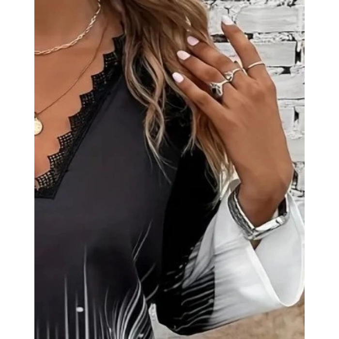 MDB Kadın Uzun Kollu V Dantel Yaka Desenli Modal Bluz