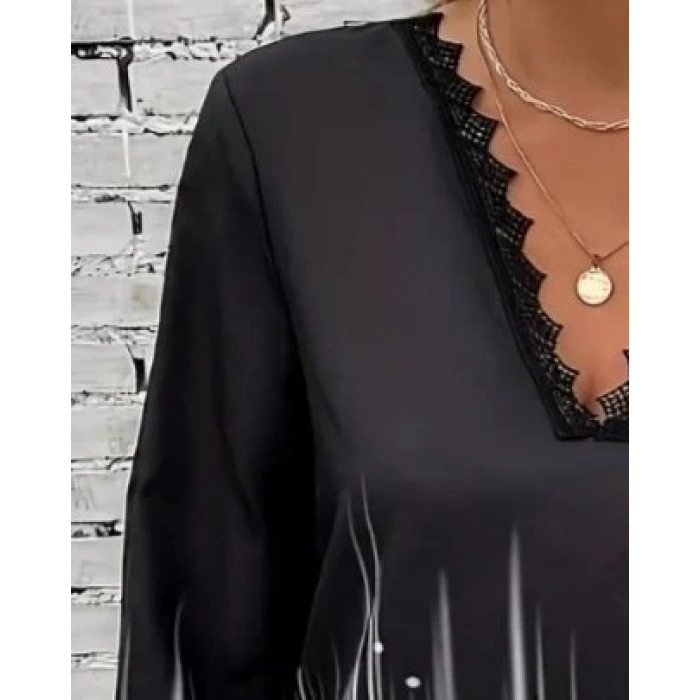 MDB Kadın Uzun Kollu V Dantel Yaka Desenli Modal Bluz