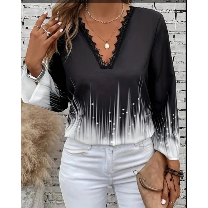 MDB Kadın Uzun Kollu V Dantel Yaka Desenli Modal Bluz