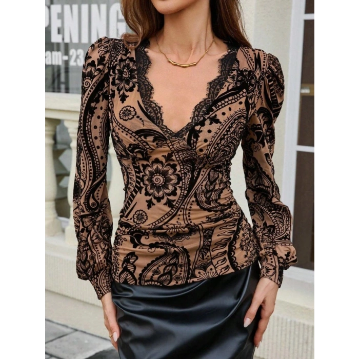 MDB Kadın Uzun Kollu V Dantel Yakalı Modal Bluz