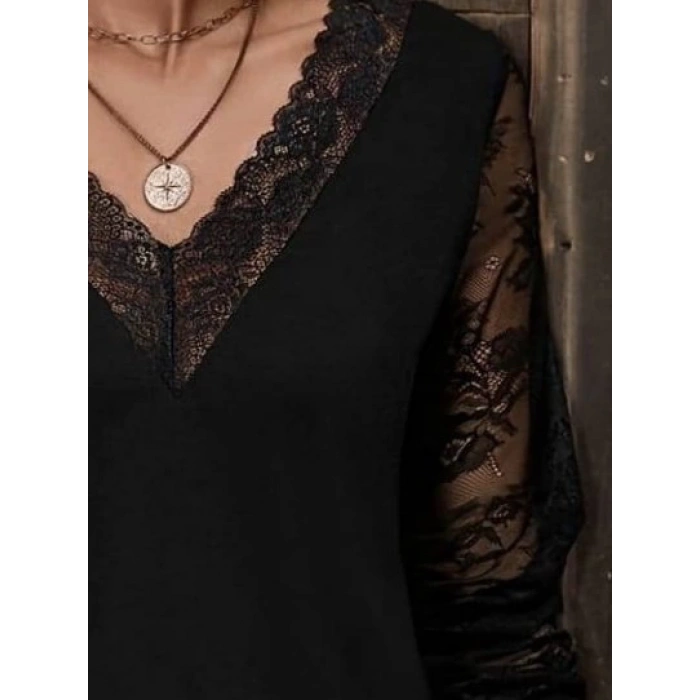 MDB Kadın Uzun Kollu V Dantel Yakalı Viskon Bluz