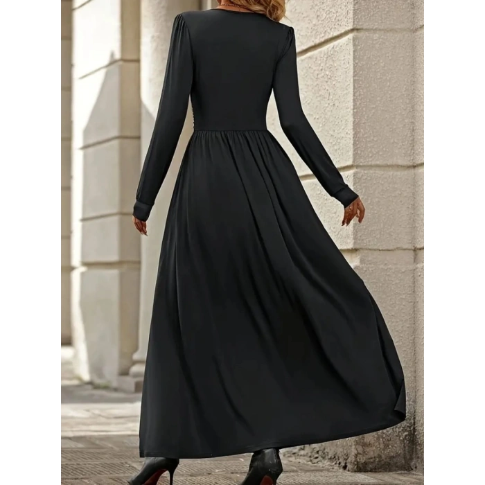 MDB Kadın Uzun Kollu V Dantel Yakalı Yırtmaçlı Uzun Sandy Elbise