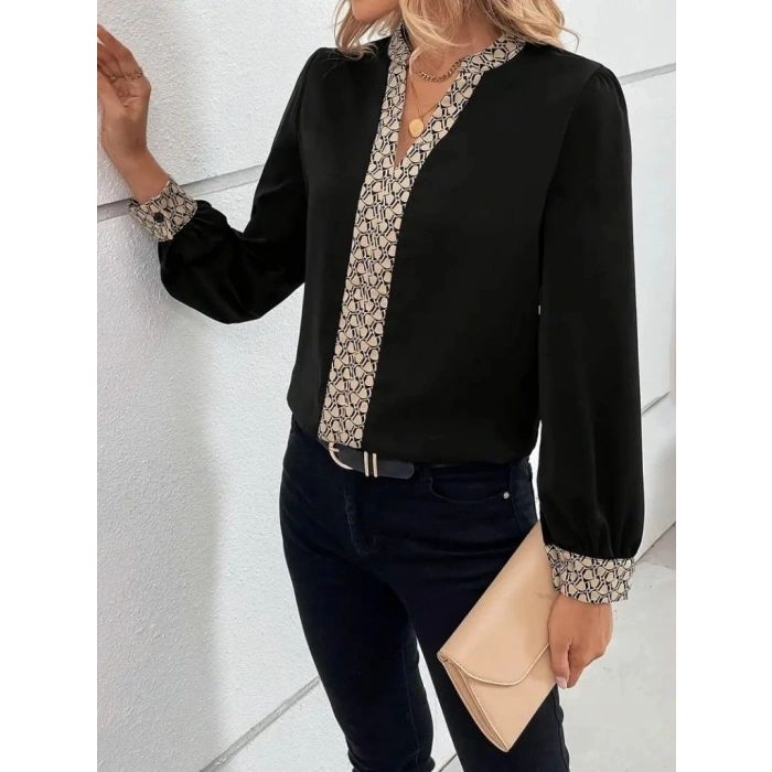 MDB Kadın Uzun Kollu V Hakim Yakalı Desenli Ithal Krep Bluz