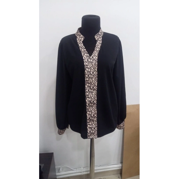 MDB Kadın Uzun Kollu V Hakim Yakalı Desenli Ithal Krep Bluz