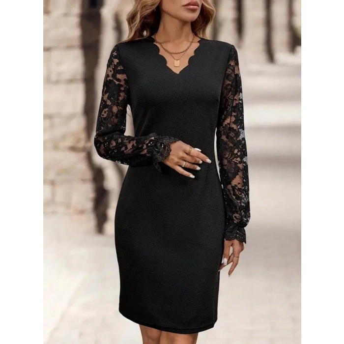 MDB Kadın Uzun Kollu V Lazer Kesim Detaylı Kısa Ithal Krep Elbise