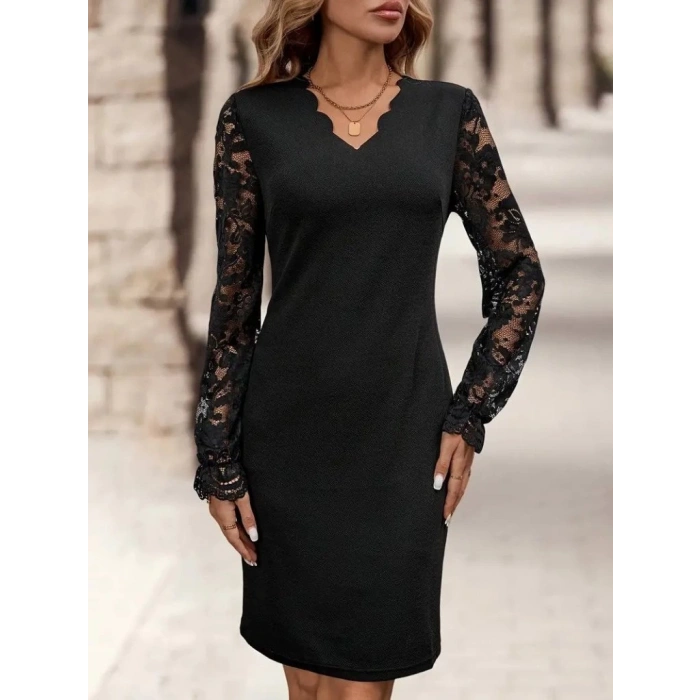 MDB Kadın Uzun Kollu V Lazer Kesim Detaylı Kısa Ithal Krep Elbise