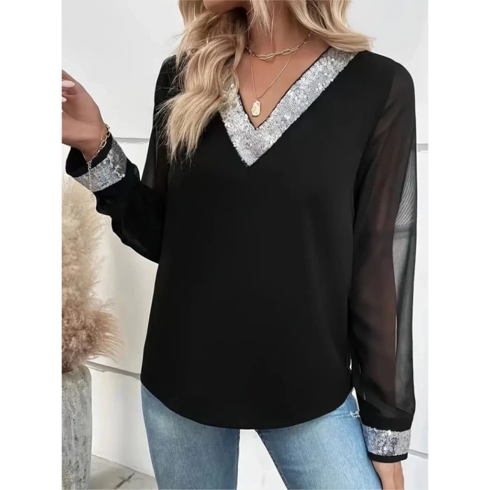 MDB Kadın Uzun Kollu V Pulpayet Yakalı Ithal Krep Bluz