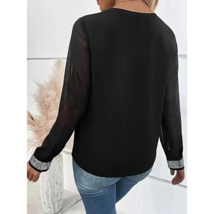 MDB Kadın Uzun Kollu V Pulpayet Yakalı Ithal Krep Bluz