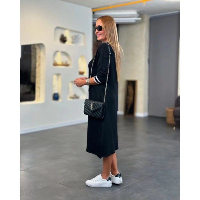 MDB Kadın Uzun Kollu V Ribana Yakalı Yanlardan Yırtmaçlı Midi Viskon Iki Iplik Elbise