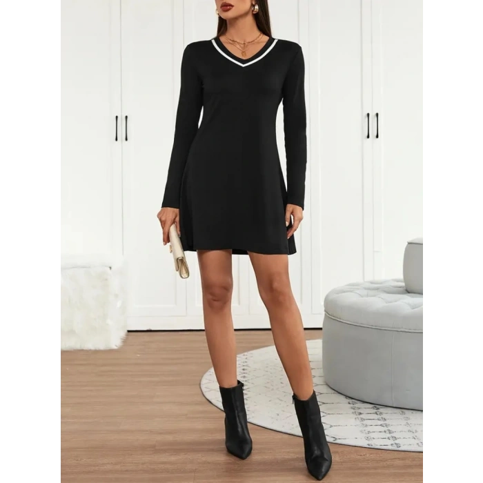 MDB Kadın Uzun Kollu V şerit Yakalı Kısa Viskon Iki Iplik Elbise