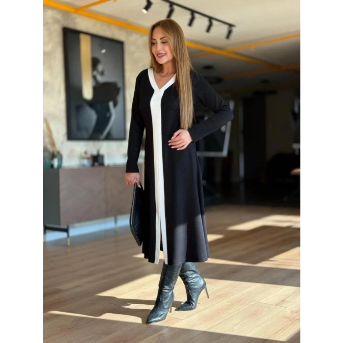 MDB Kadın Uzun Kollu V şerit Yakalı önden Kısa Yırtmaçlı Detaylı Midi Viskon Iki Iplik Elbise