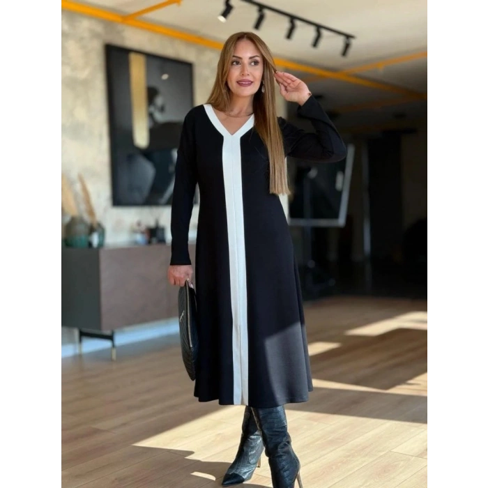 MDB Kadın Uzun Kollu V şerit Yakalı önden Kısa Yırtmaçlı Detaylı Midi Viskon Iki Iplik Elbise