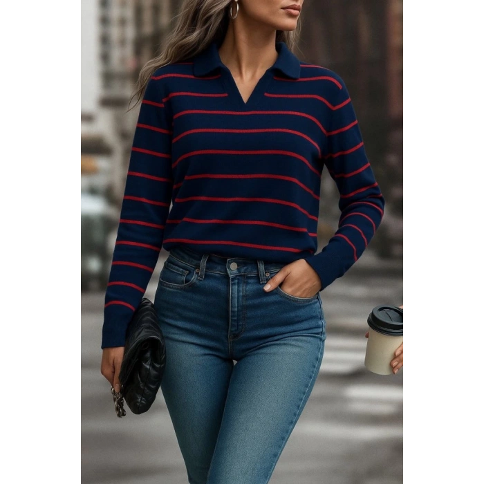 MDB Kadın Uzun Kollu V Yaka çizgili Triko Bluz