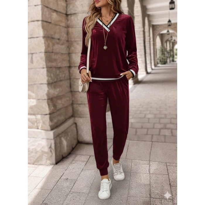 MDB Kadın Uzun Kollu V Yaka Kadife Bluz Ve Pantolon Ikili Takım