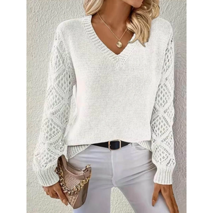 MDB Kadın Uzun Kollu V Yaka Kol Delikli Baklava Desen Detaylı Triko Kazak