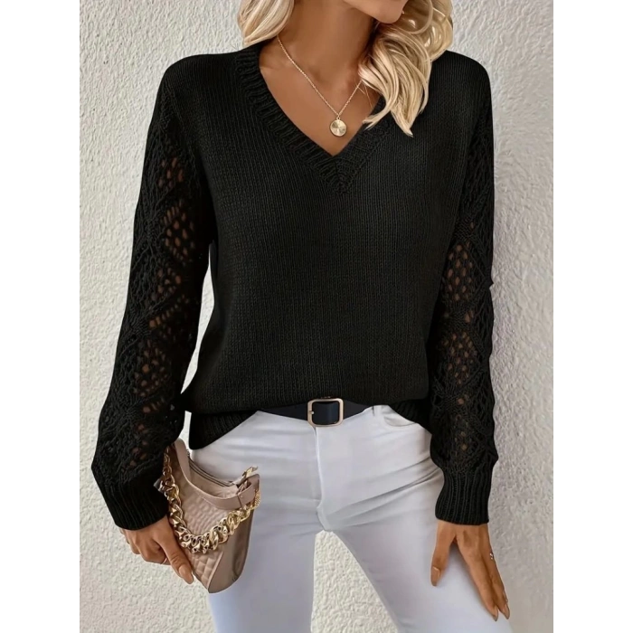 MDB Kadın Uzun Kollu V Yaka Kol Delikli Baklava Desen Detaylı Triko Kazak