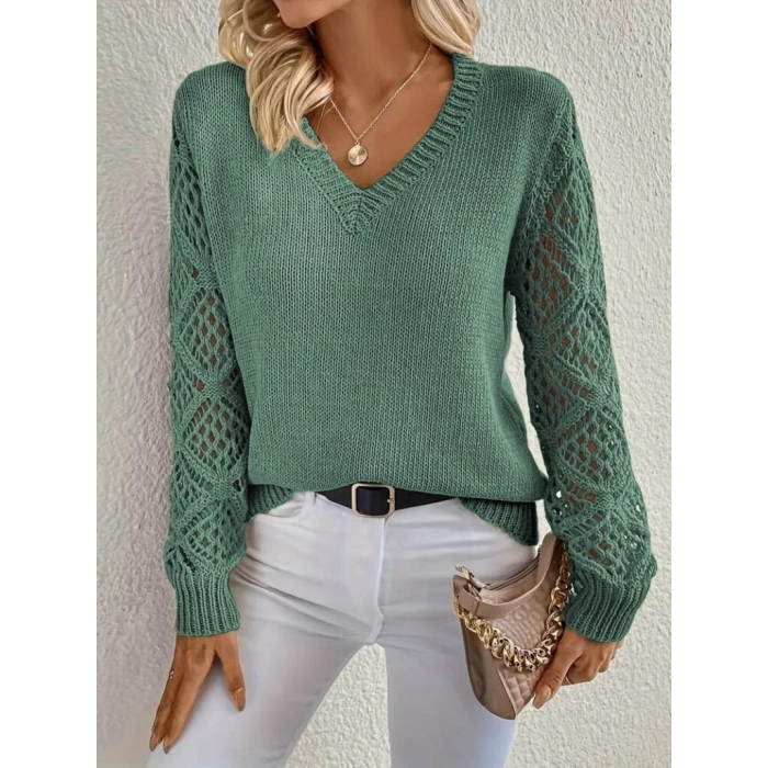 MDB Kadın Uzun Kollu V Yaka Kol Delikli Baklava Desen Detaylı Triko Kazak