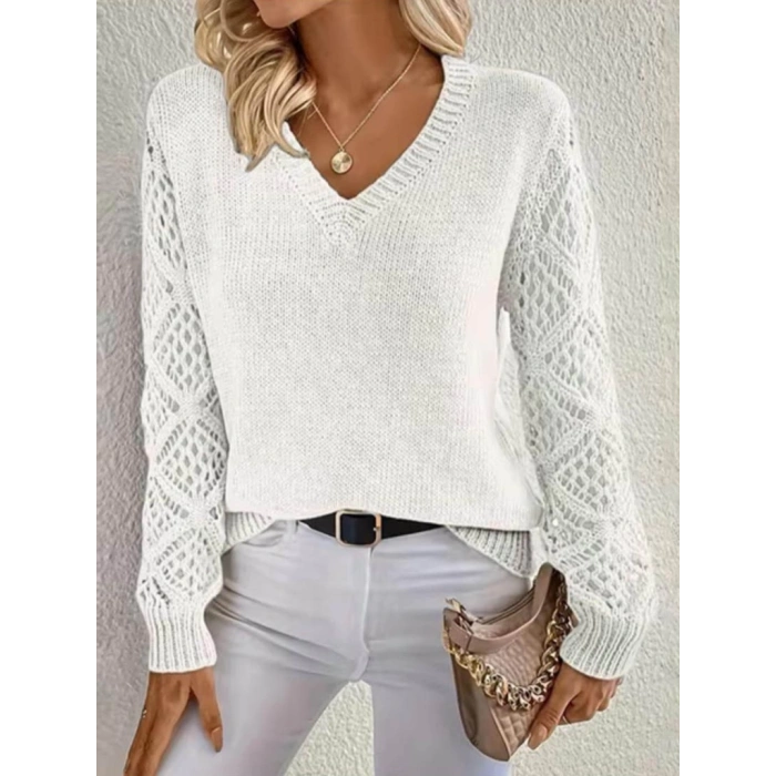 MDB Kadın Uzun Kollu V Yaka Kol Delikli Baklava Desen Detaylı Triko Kazak