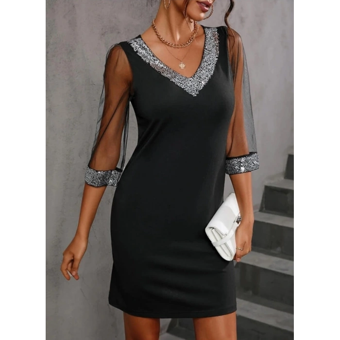 MDB Kadın Uzun Kollu V Yaka Ve Kol Ucu Pul Payet Krep Elbise