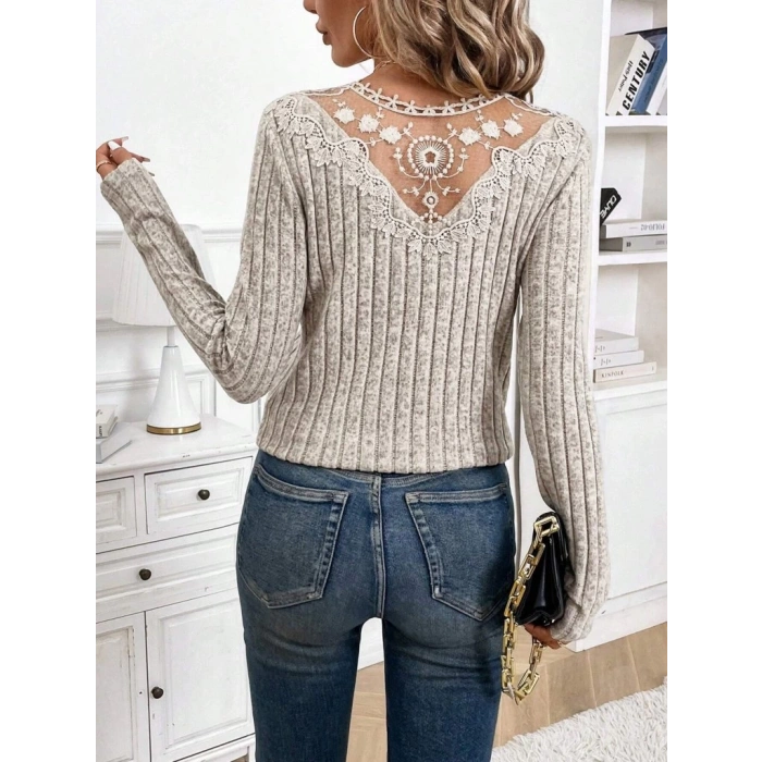 MDB Kadın Uzun Kollu V Yakalı Arkadan Dantel Detaylı şardonlu Kaşkorse Bluz