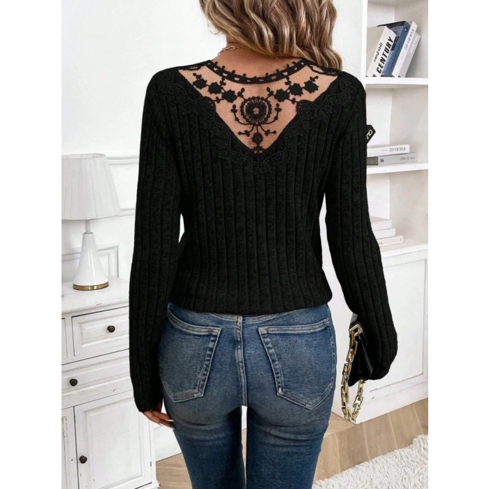 MDB Kadın Uzun Kollu V Yakalı Arkadan Dantel Detaylı şardonlu Kaşkorse Bluz