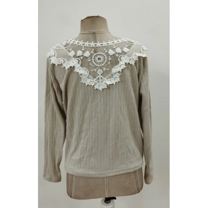 MDB Kadın Uzun Kollu V Yakalı Arkadan Dantel Detaylı şardonlu Kaşkorse Bluz