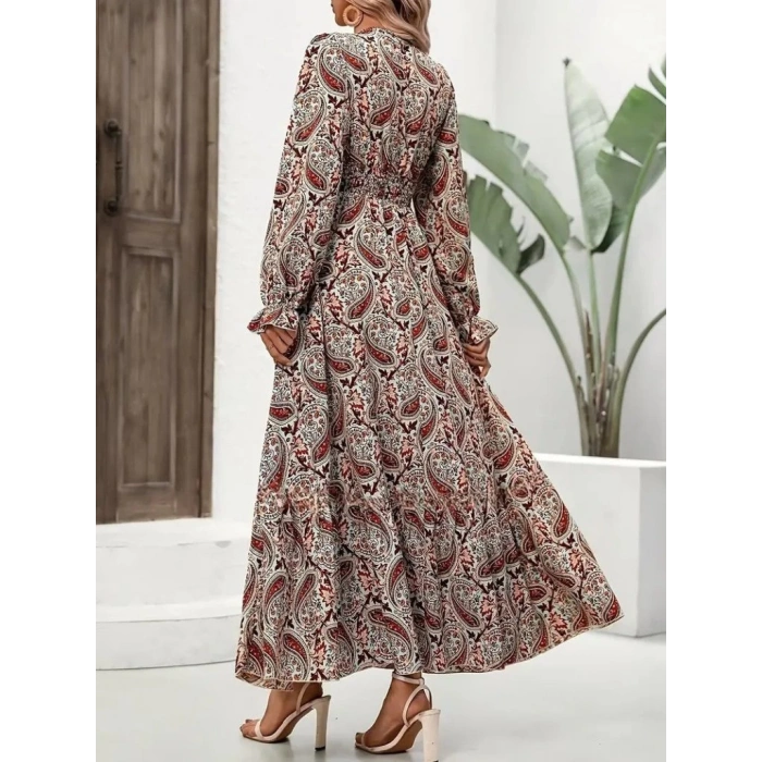 MDB Kadın Uzun Kollu V Yakalı Beli Lastikli Desenli Süprem Elbise