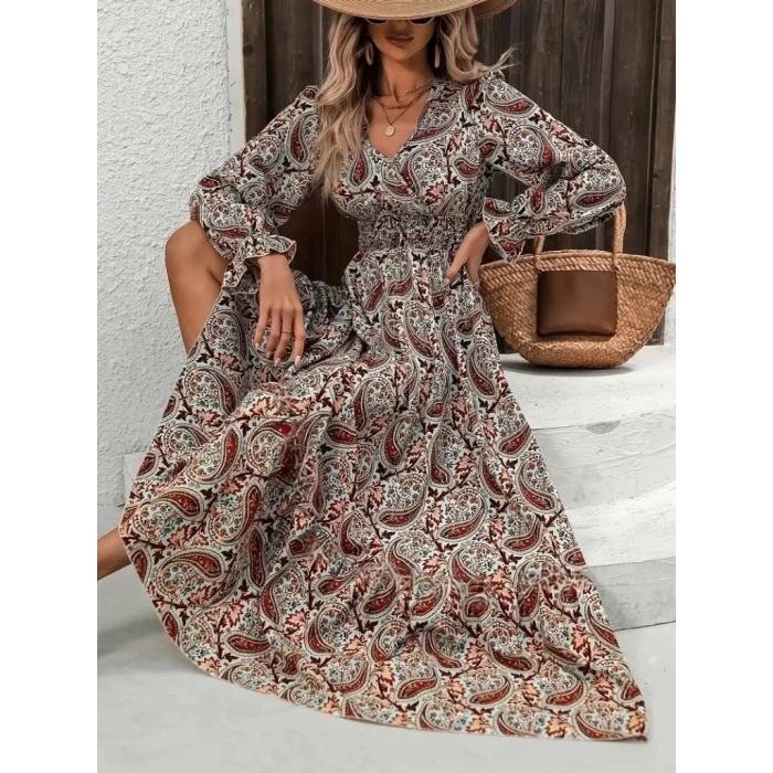 MDB Kadın Uzun Kollu V Yakalı Beli Lastikli Desenli Süprem Elbise