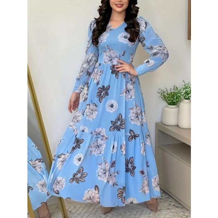 MDB Kadın Uzun Kollu V Yakalı çiçek Desenli Maxi Süprem Elbise