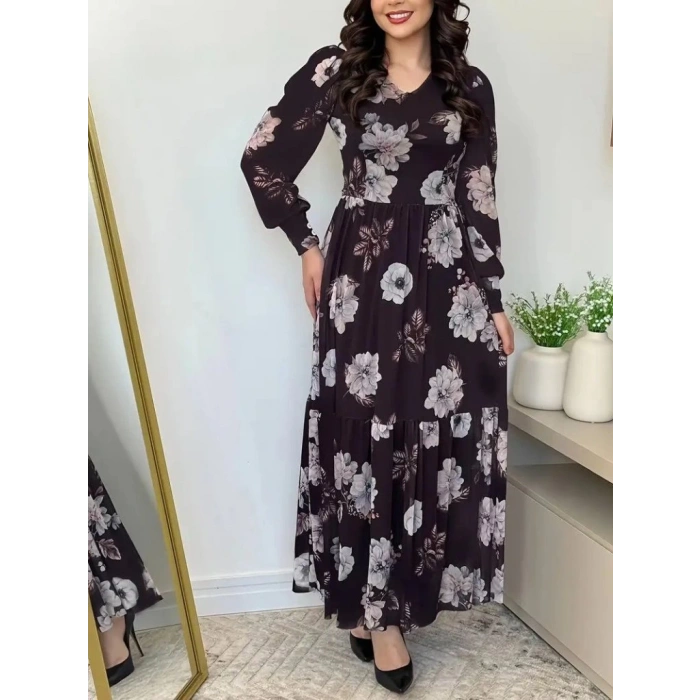MDB Kadın Uzun Kollu V Yakalı çiçek Desenli Maxi Süprem Elbise