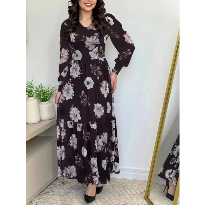 MDB Kadın Uzun Kollu V Yakalı çiçek Desenli Maxi Süprem Elbise