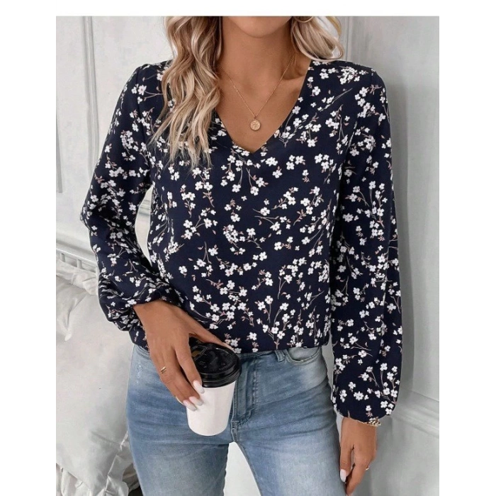 MDB Kadın Uzun Kollu V Yakalı çiçek Desenli Modal Bluz
