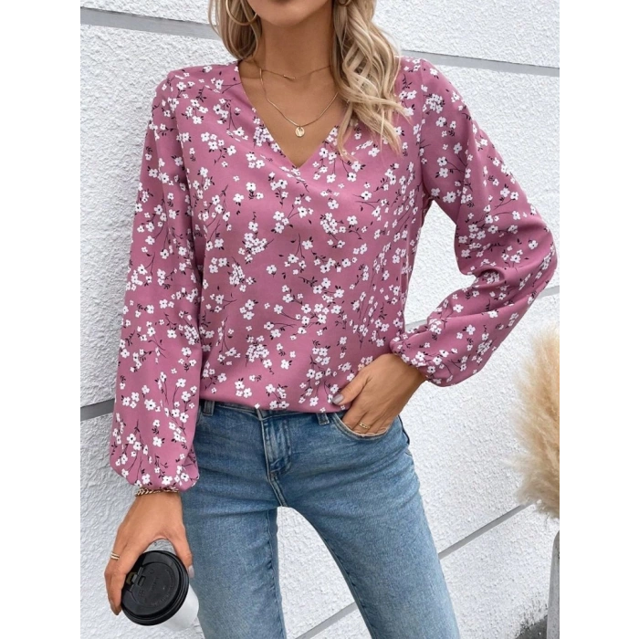 MDB Kadın Uzun Kollu V Yakalı çiçek Desenli Modal Bluz