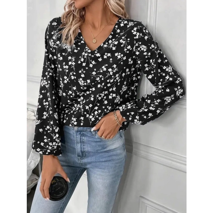 MDB Kadın Uzun Kollu V Yakalı çiçek Desenli Modal Bluz