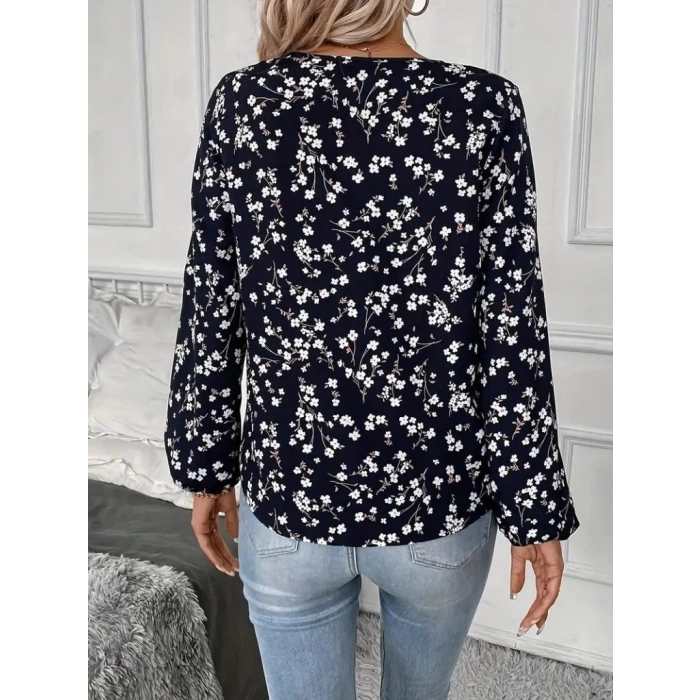 MDB Kadın Uzun Kollu V Yakalı çiçek Desenli Modal Bluz