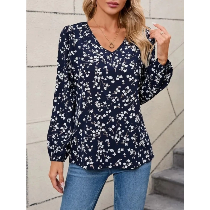 MDB Kadın Uzun Kollu V Yakalı çiçek Desenli Modal Bluz