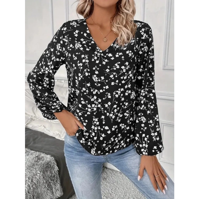 MDB Kadın Uzun Kollu V Yakalı çiçek Desenli Modal Bluz