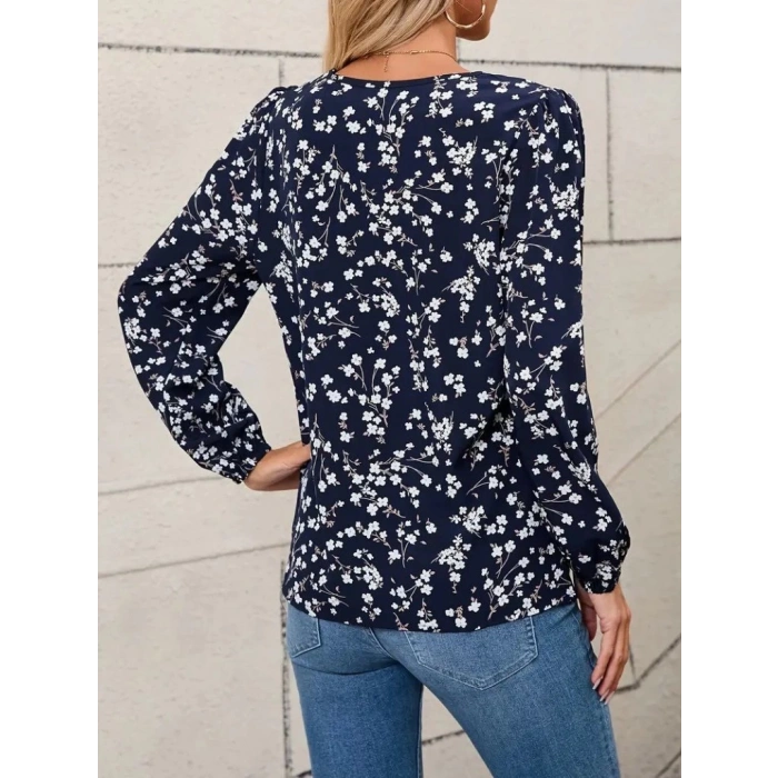 MDB Kadın Uzun Kollu V Yakalı çiçek Desenli Modal Bluz