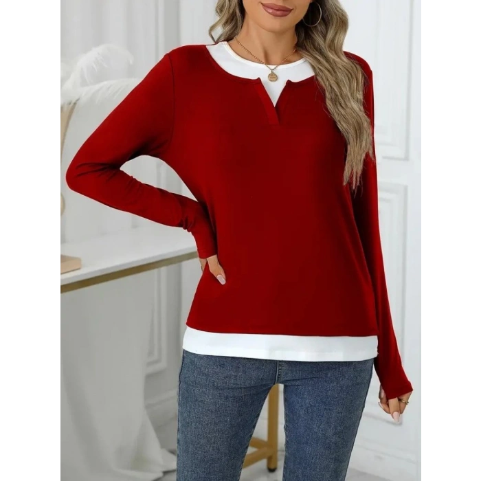 MDB Kadın Uzun Kollu V Yakalı çift Renkli Viskon Iki Iplik Bluz