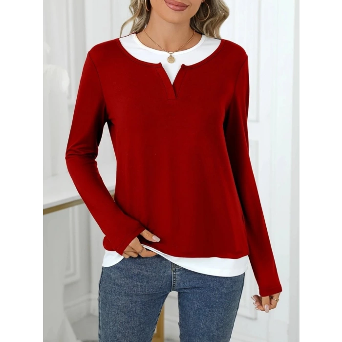 MDB Kadın Uzun Kollu V Yakalı çift Renkli Viskon Iki Iplik Bluz