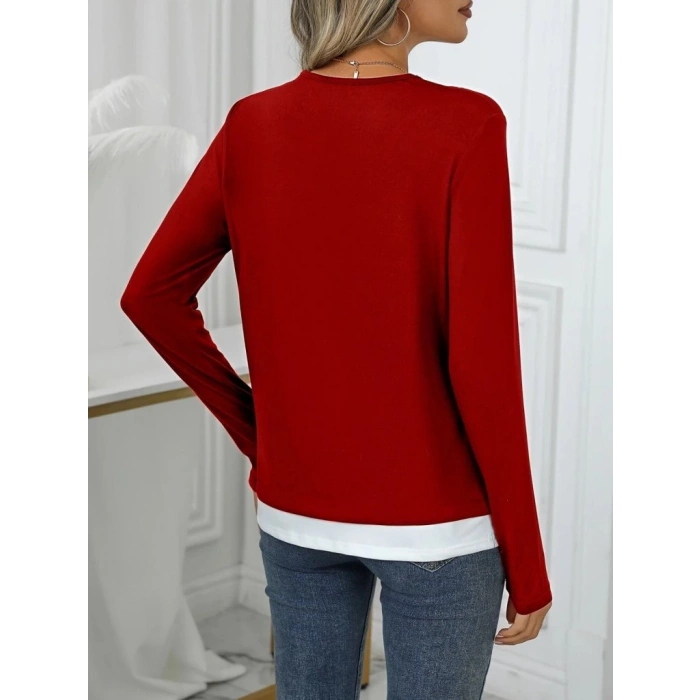 MDB Kadın Uzun Kollu V Yakalı çift Renkli Viskon Iki Iplik Bluz