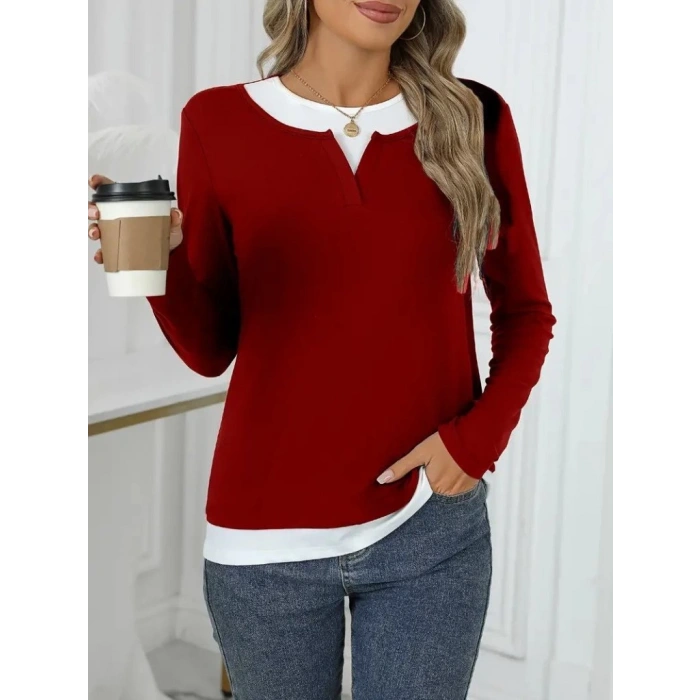 MDB Kadın Uzun Kollu V Yakalı çift Renkli Viskon Iki Iplik Bluz