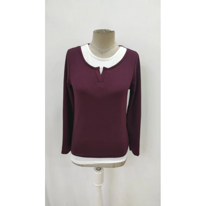 MDB Kadın Uzun Kollu V Yakalı çift Renkli Viskon Iki Iplik Bluz