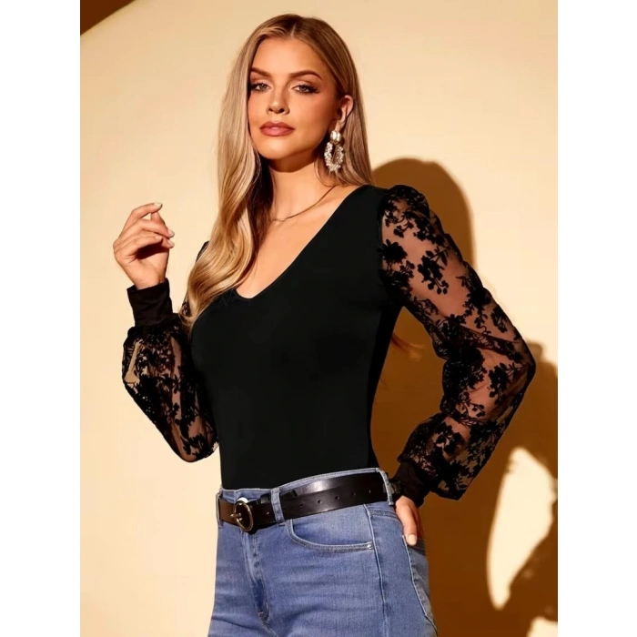 MDB Kadın Uzun Kollu V Yakalı Dantelli Viskon Bluz