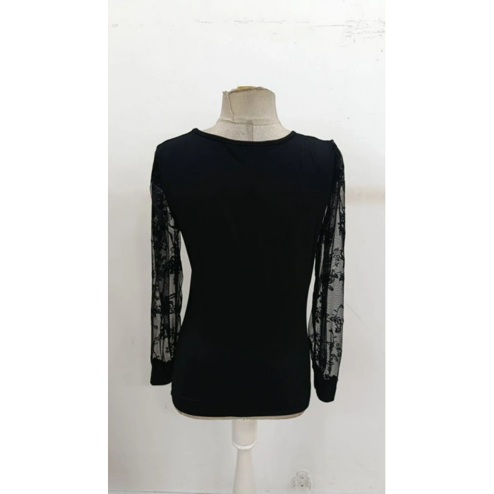 MDB Kadın Uzun Kollu V Yakalı Dantelli Viskon Bluz