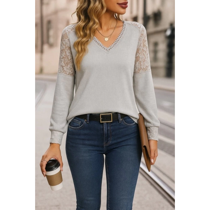 MDB Kadın Uzun Kollu V Yakalı Dantelli Waffle Bluz