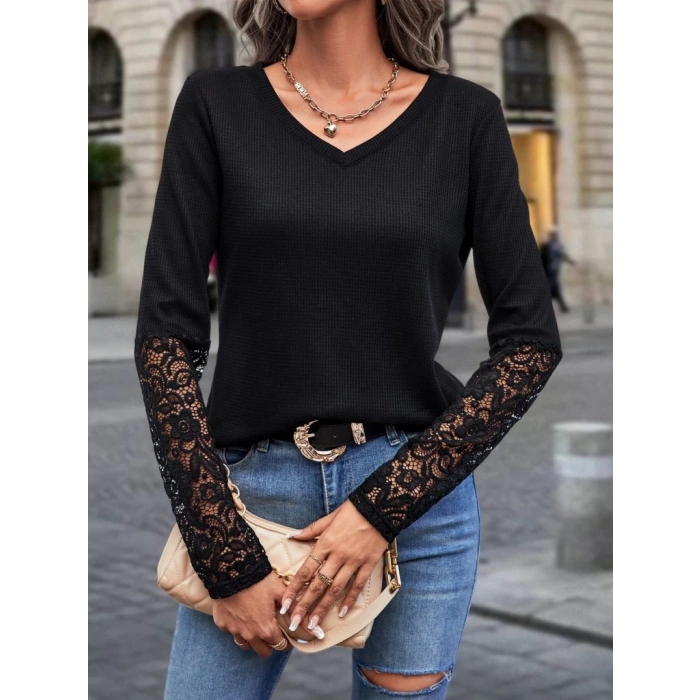 MDB Kadın Uzun Kollu V Yakalı Dantelli Waffle Bluz
