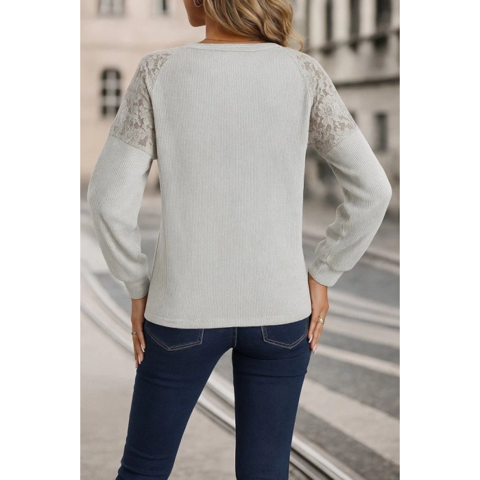 MDB Kadın Uzun Kollu V Yakalı Dantelli Waffle Bluz